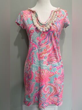 Lilly Pulitzer XS Harper Shift Dress Too Much Bubbly Pink Pout Cotton/Linen Poms